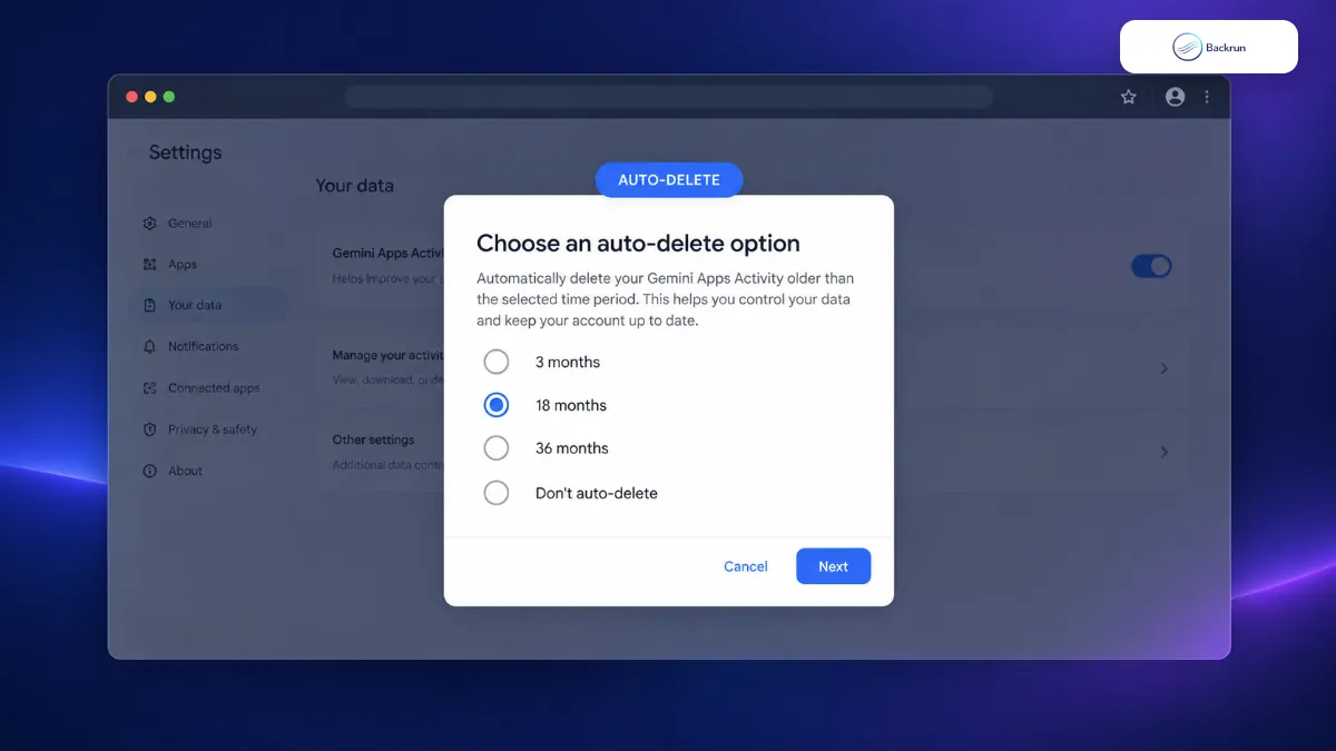 Gemini Apps Activity auto-delete dialog with 3 18 and 36 month options