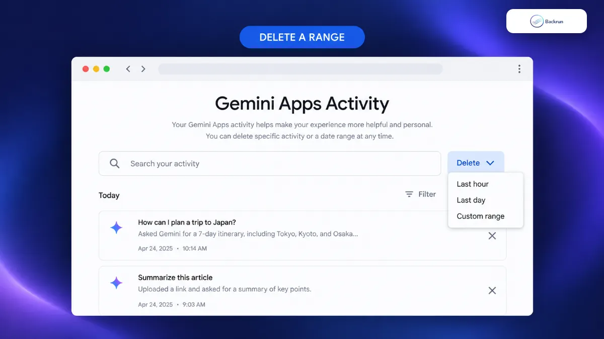 Gemini Apps Activity page with Last hour Last day and Custom range deletion options