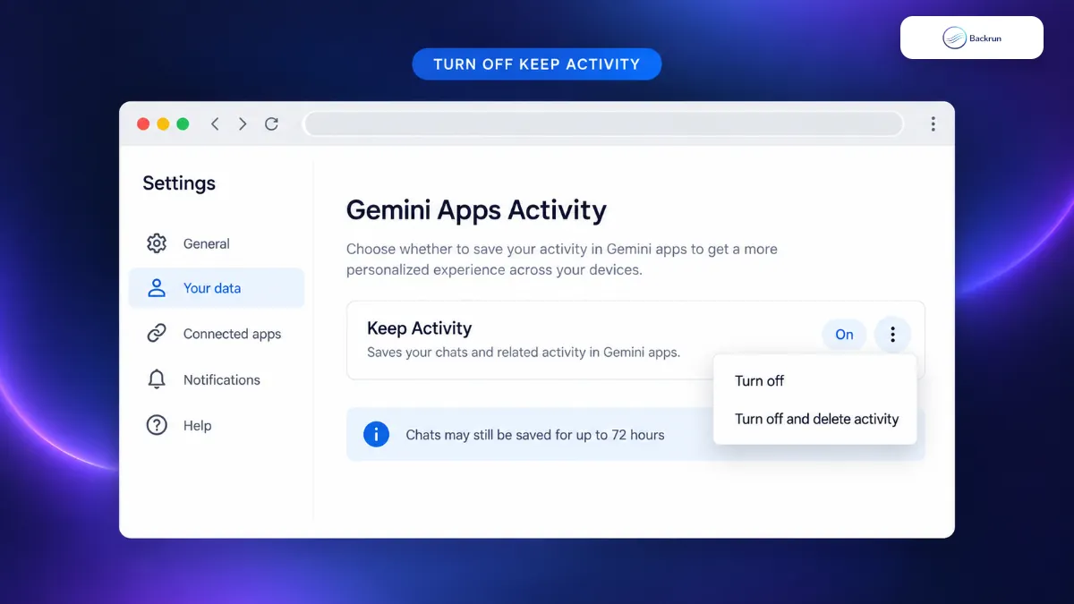 Gemini Apps Activity menu with Turn off and Turn off and delete activity options
