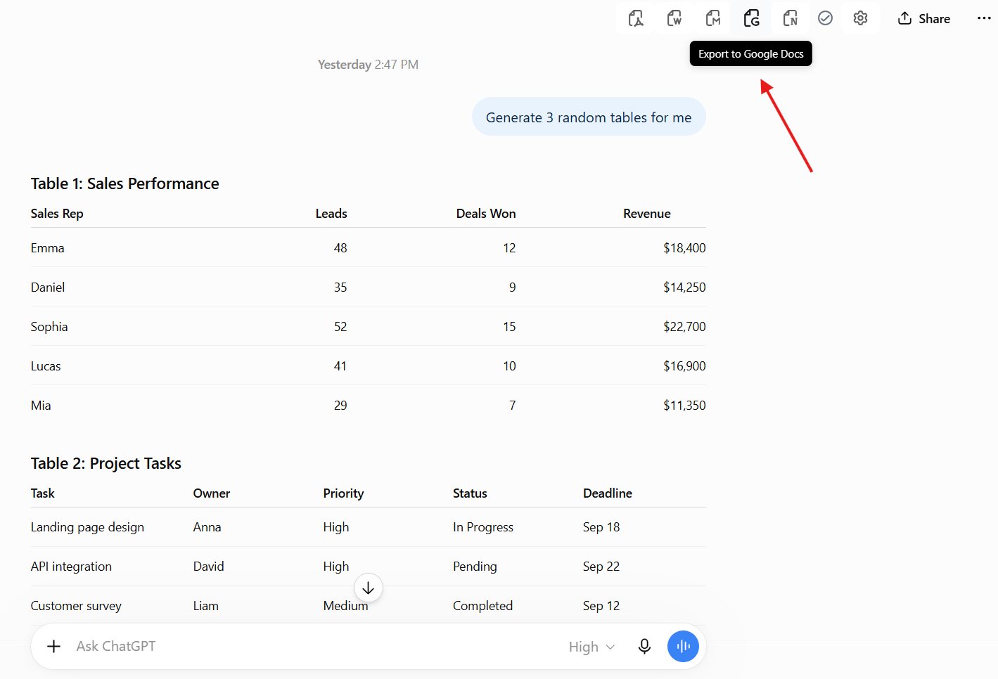 how to copy table from chatgpt to google docs