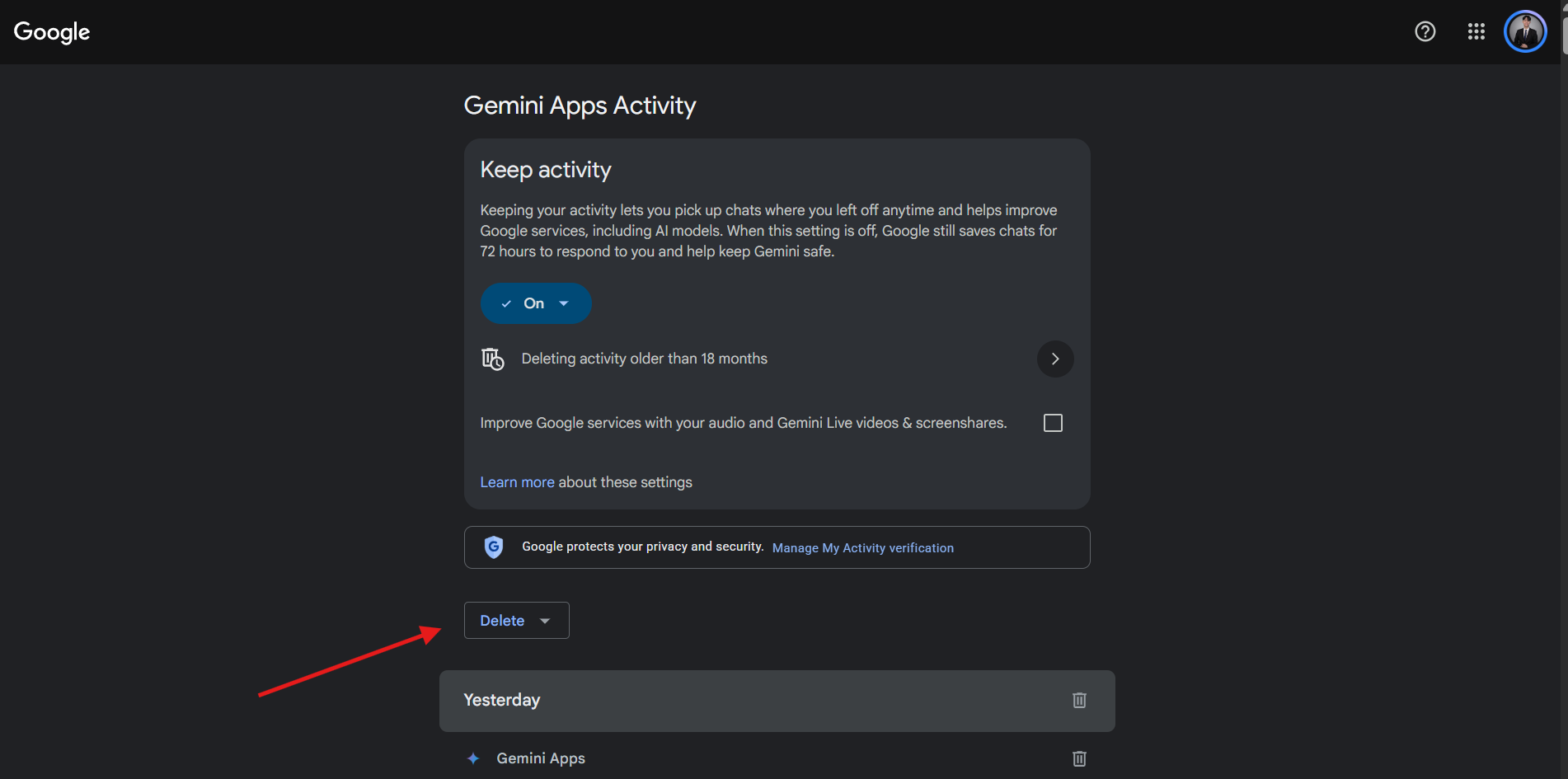 delete google gemini chat history