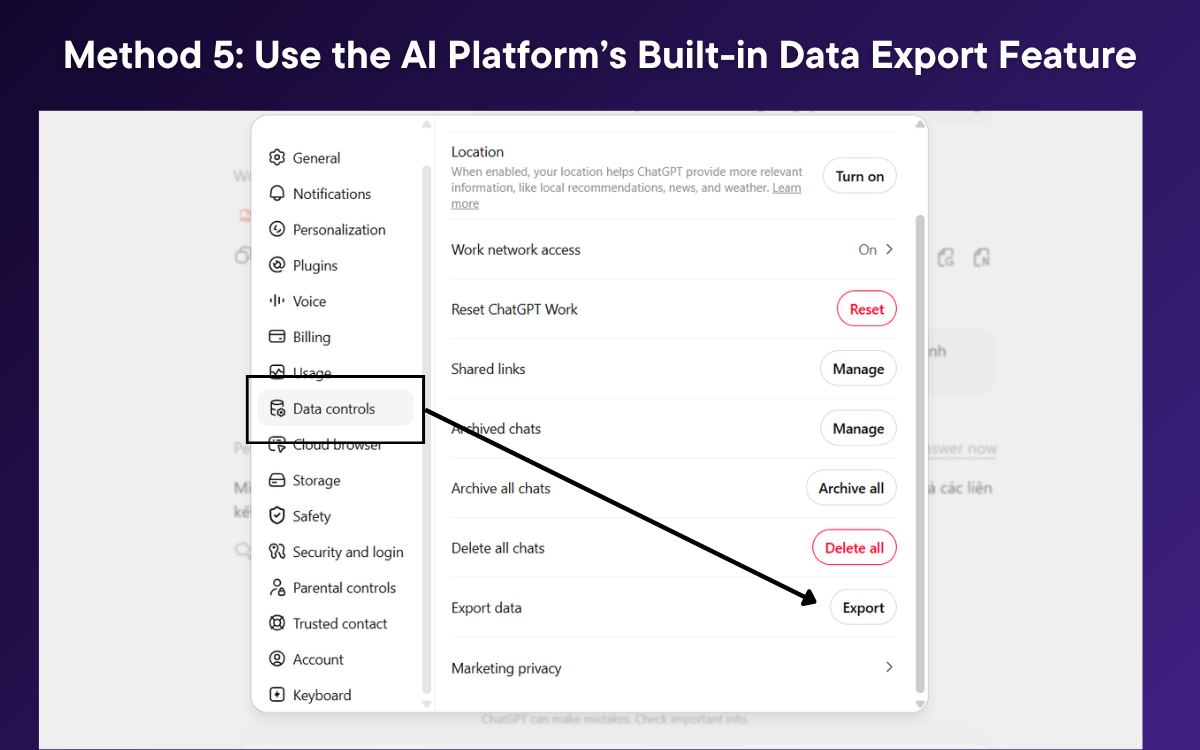 Export AI conversation history using built-in data controls