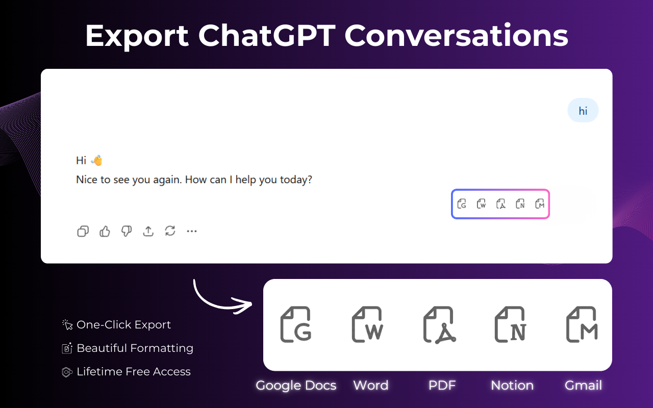 ChatGPT Exporter menu with PDF, Word, Google Docs, and Notion options