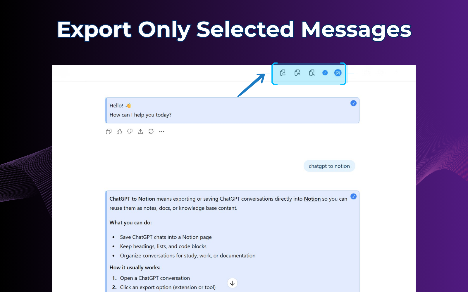 Message selection controls for exporting part of a conversation