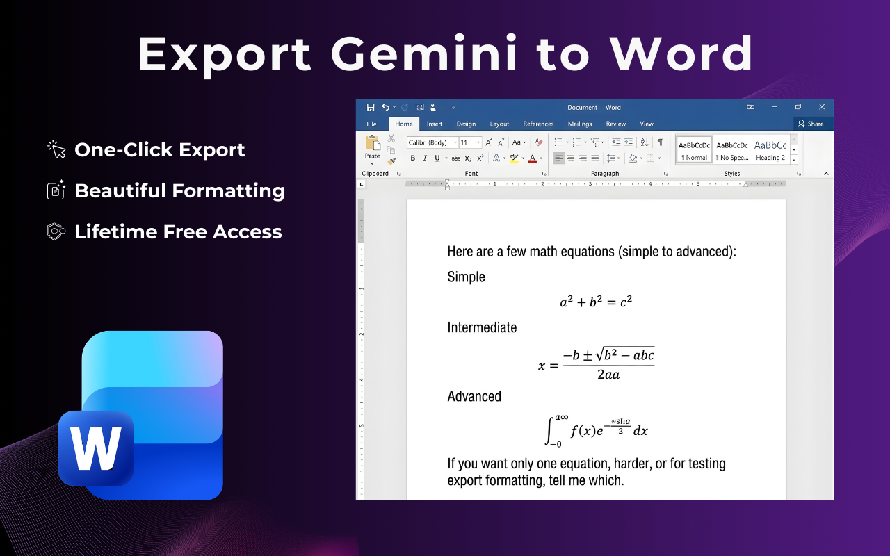 Preview of Gemini chat exported to Microsoft Word.docx format with preserved formatting