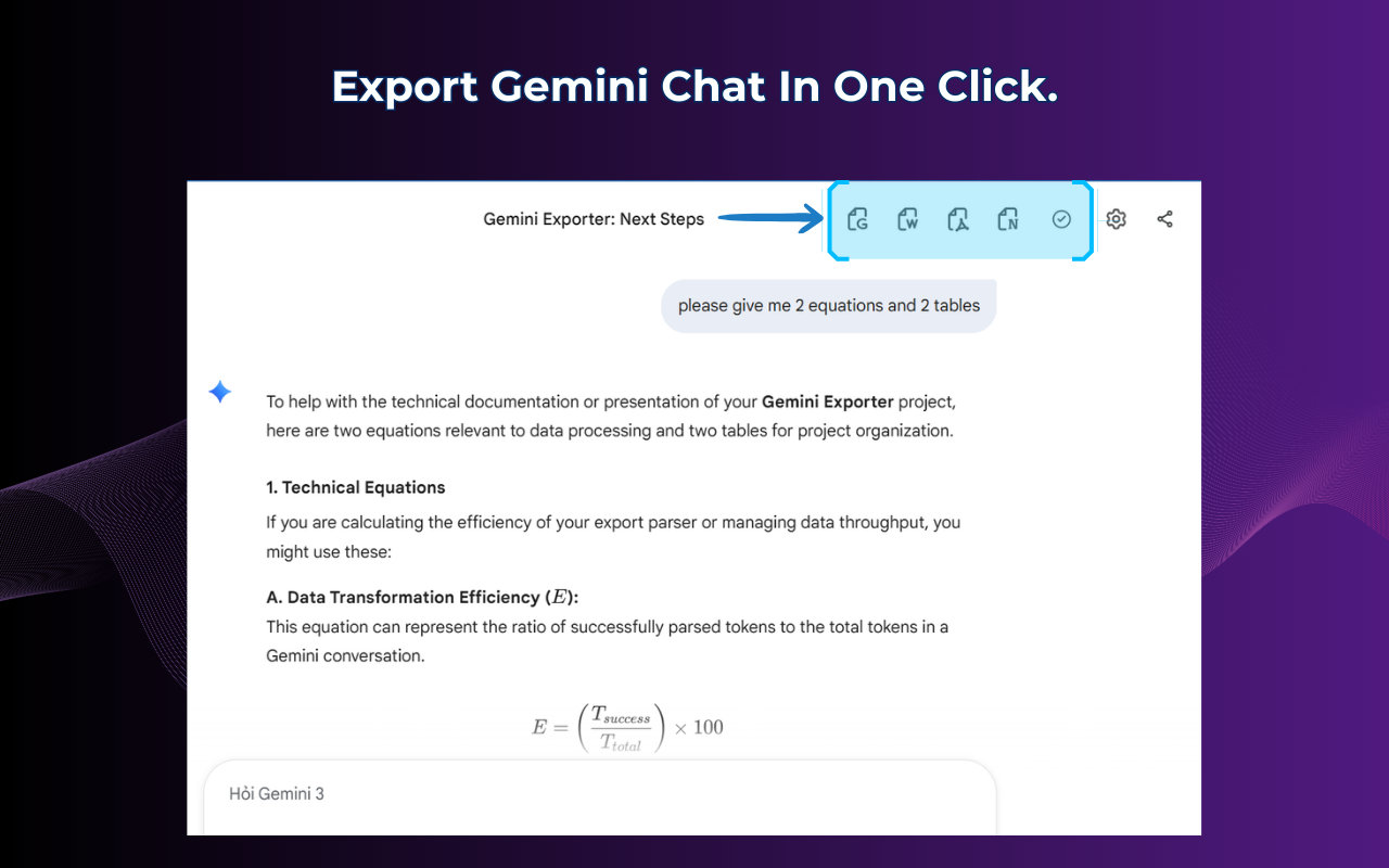 Gemini Exporter showing full conversation export option. all messages from a Gemini research session captured