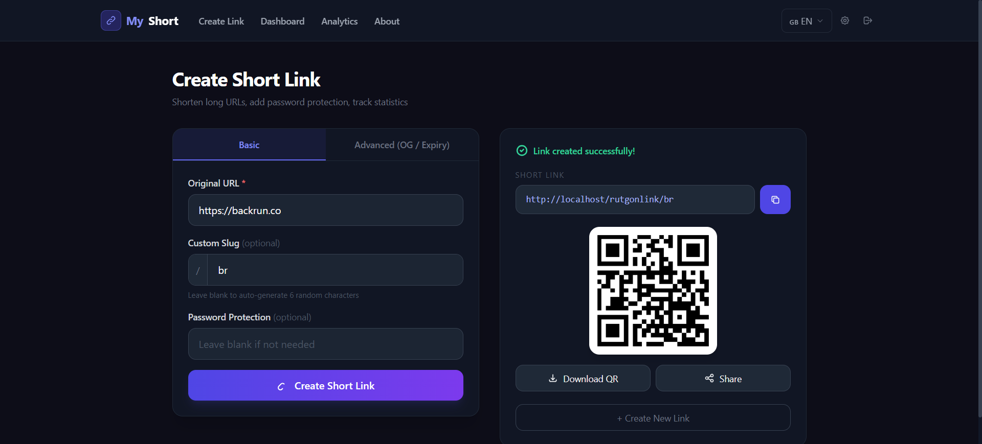 MyShort self hosted link shortener create link screen