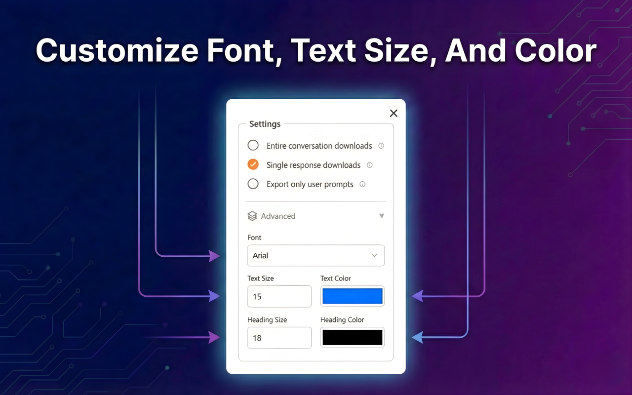 Document customization panel with font, size, and text color settings