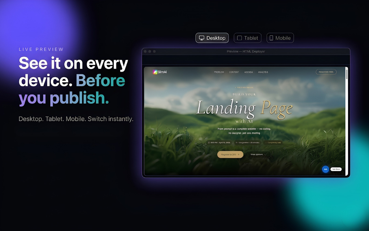 HTML Deployer preview panel showing desktop, tablet and mobile view before publishing