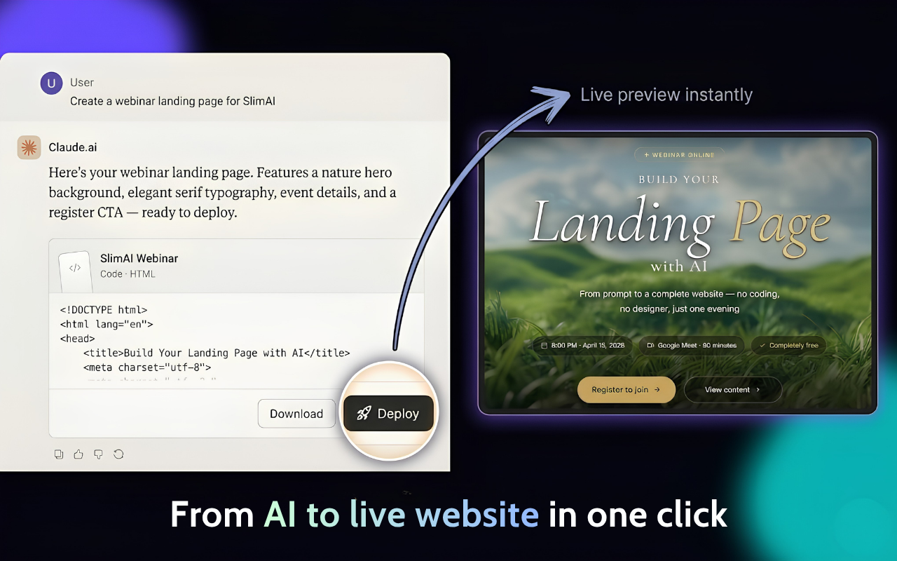 HTML Deployer extension automatically detecting AI-generated HTML code block in a Claude conversation
