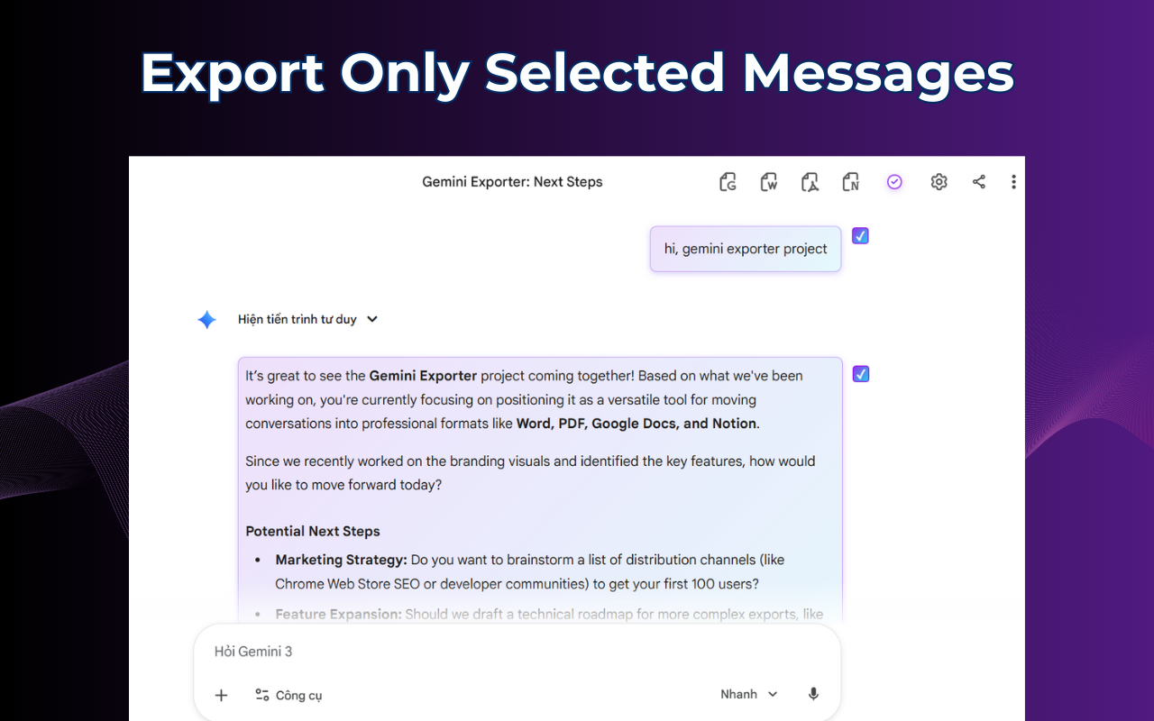 Gemini Exporter partial selection tool. user selecting specific messages from a long Gemini conversation to export