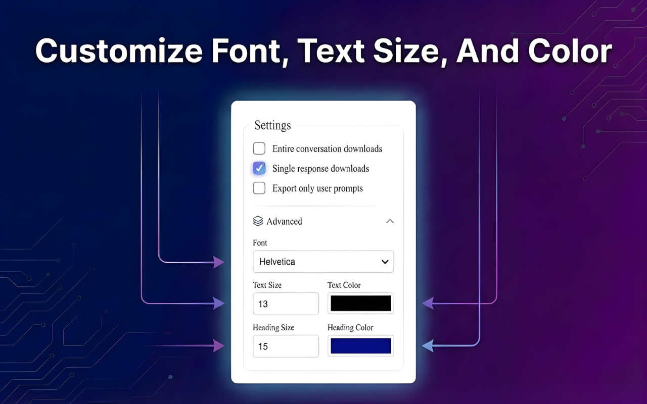 Gemini Exporter customization panel with font and color settings before exporting conversation