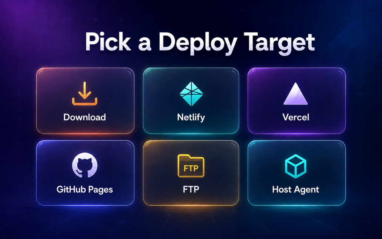 HTML Deployer deploy panel with Netlify, GitHub and FTP targets configured